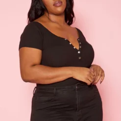 Plus Size Ribbed Button Detail Bodysuit
