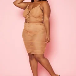 Plus Size Ruched Mesh Crop Top & Mesh Skirt Set