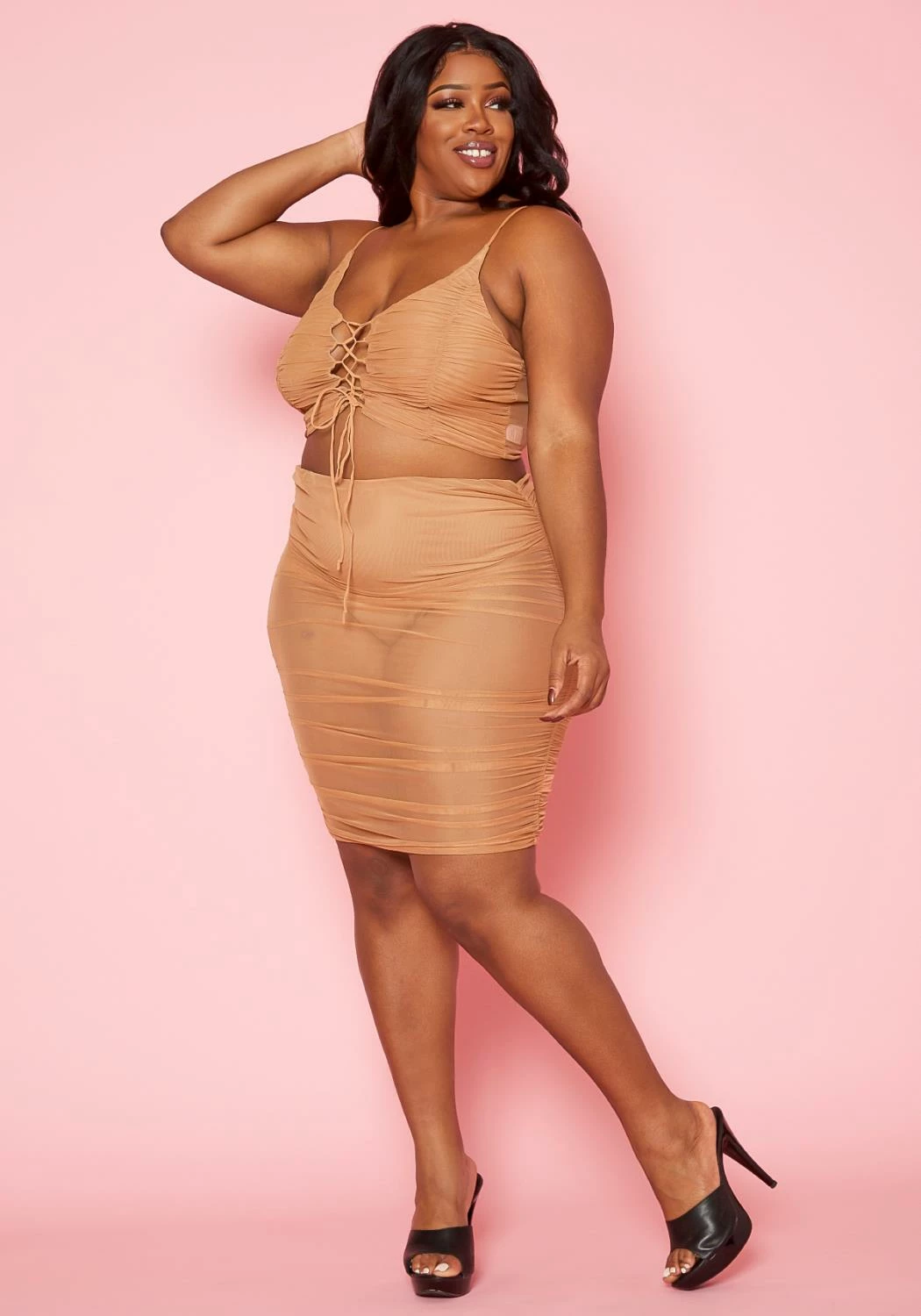 Plus Size Ruched Mesh Crop Top & Mesh Skirt Set 1 Plus Size Ruched Mesh Crop Top & Mesh Skirt Set