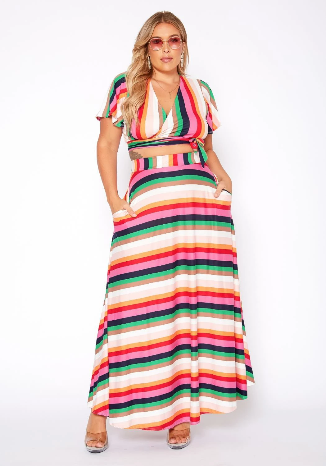 Plus Size Stripe Crop Top & Flare Maxi Skirt Set 2 Plus Size Stripe Crop Top & Flare Maxi Skirt Set - Image 2
