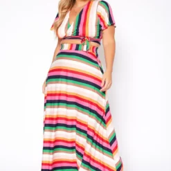 Plus Size Stripe Crop Top & Flare Maxi Skirt Set
