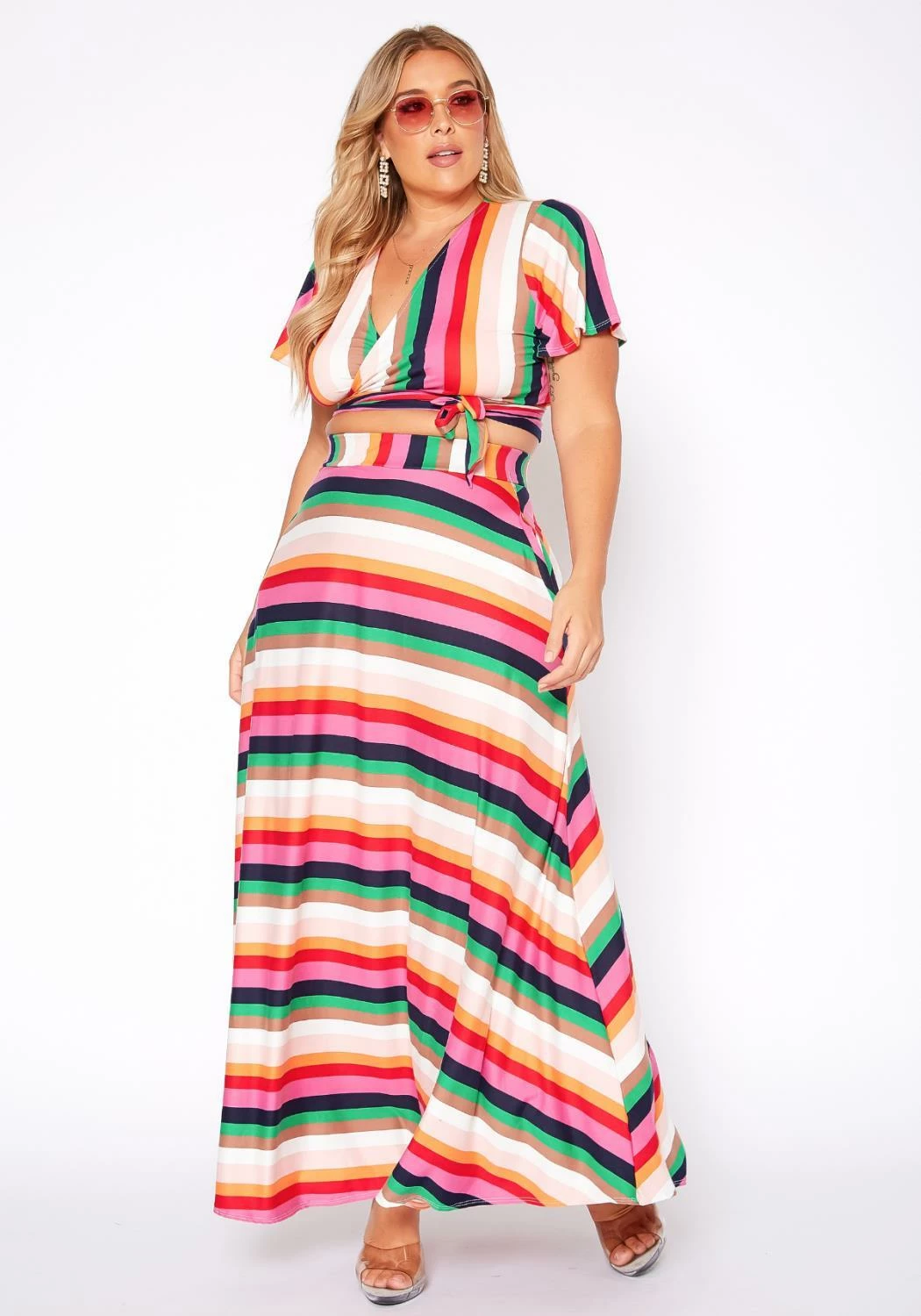 Plus Size Stripe Crop Top & Flare Maxi Skirt Set 1 Plus Size Stripe Crop Top & Flare Maxi Skirt Set