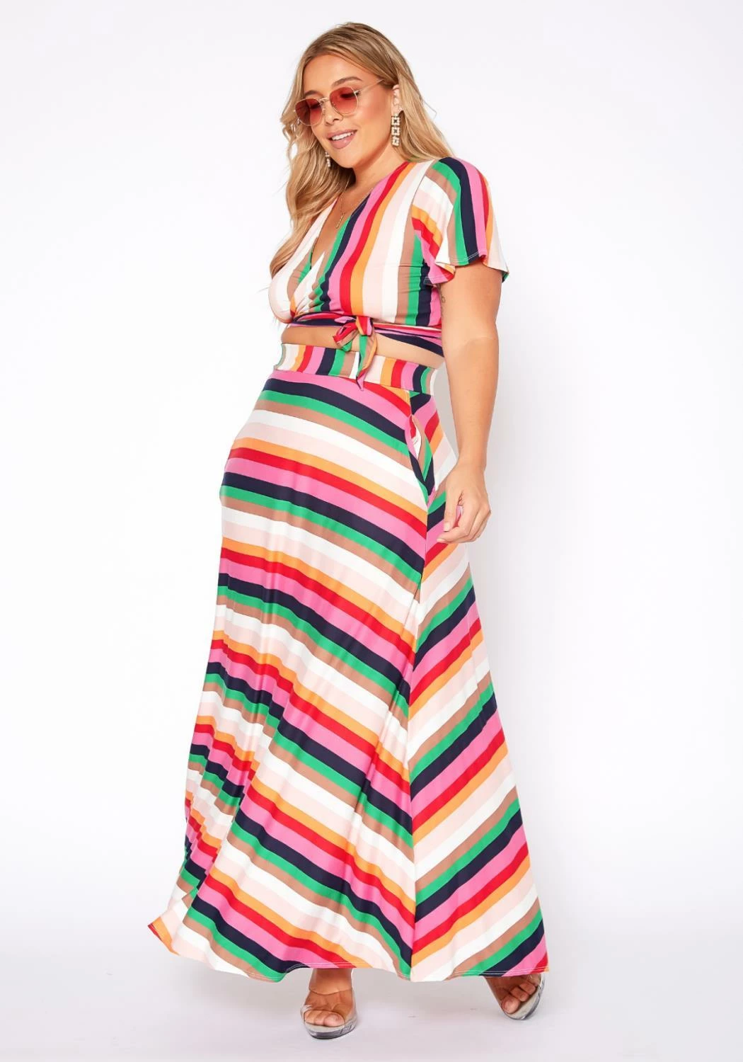 Plus Size Stripe Crop Top & Flare Maxi Skirt Set 3 Plus Size Stripe Crop Top & Flare Maxi Skirt Set - Image 3