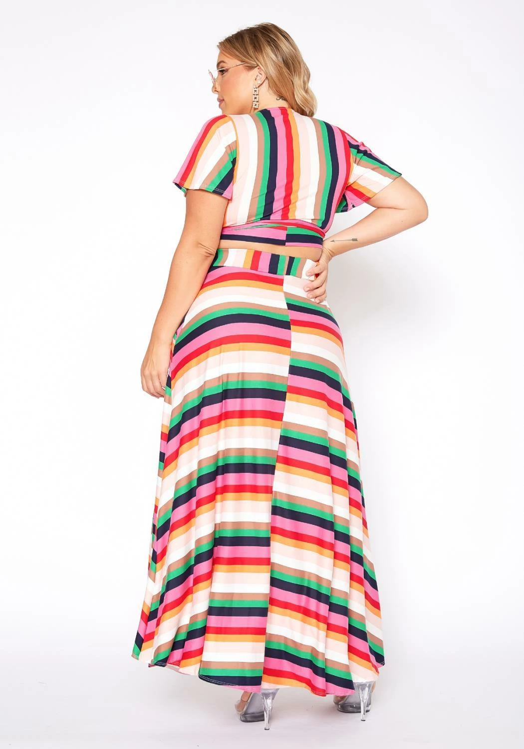 Plus Size Stripe Crop Top & Flare Maxi Skirt Set 5 Plus Size Stripe Crop Top & Flare Maxi Skirt Set - Image 5