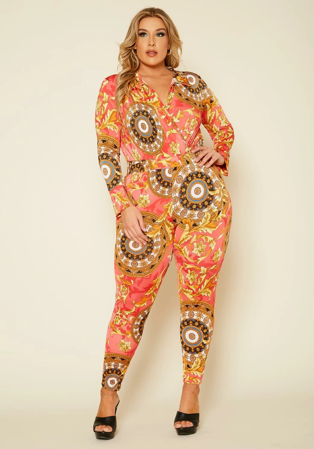Plus Size Damask Print Overlap Bodysuit & Leggings Set 2 Plus Size Damask Print Overlap Bodysuit & Leggings Set - Image 2