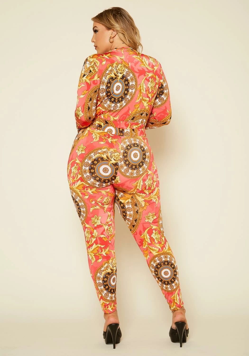 Plus Size Damask Print Overlap Bodysuit & Leggings Set 4 Plus Size Damask Print Overlap Bodysuit & Leggings Set - Image 4