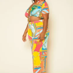 Plus Size Multicolor Chain Print Crop Top & Pants Set -Radiant Drape Sales 2020388 001 4