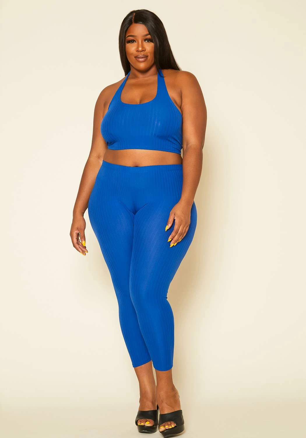Plus Size Ribbed Halter Crop Top & Leggings Set 2 Plus Size Ribbed Halter Crop Top & Leggings Set - Image 2