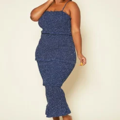 Plus Size Shirred Polka Dot Maxi Dress