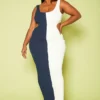 Plus Size Ribbed Two-Tone Color Cut Out Maxi Dress