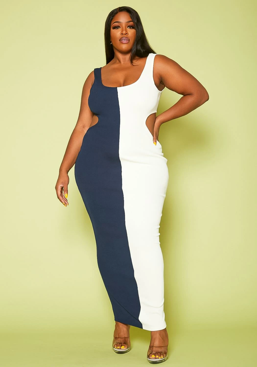 Plus Size Ribbed Two-Tone Color Cut Out Maxi Dress 1 Plus Size Ribbed Two-Tone Color Cut Out Maxi Dress