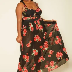 Plus Size Rose Print Sheer Maxi Dress