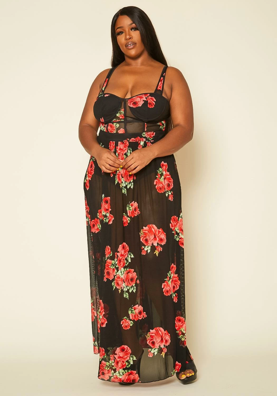 Plus Size Rose Print Sheer Maxi Dress 2 Plus Size Rose Print Sheer Maxi Dress - Image 2