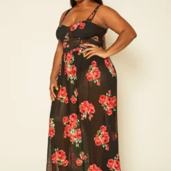 Plus Size Rose Print Sheer Maxi Dress 7 Plus Size Rose Print Sheer Maxi Dress -Radiant Drape Sales 2020407 001 3