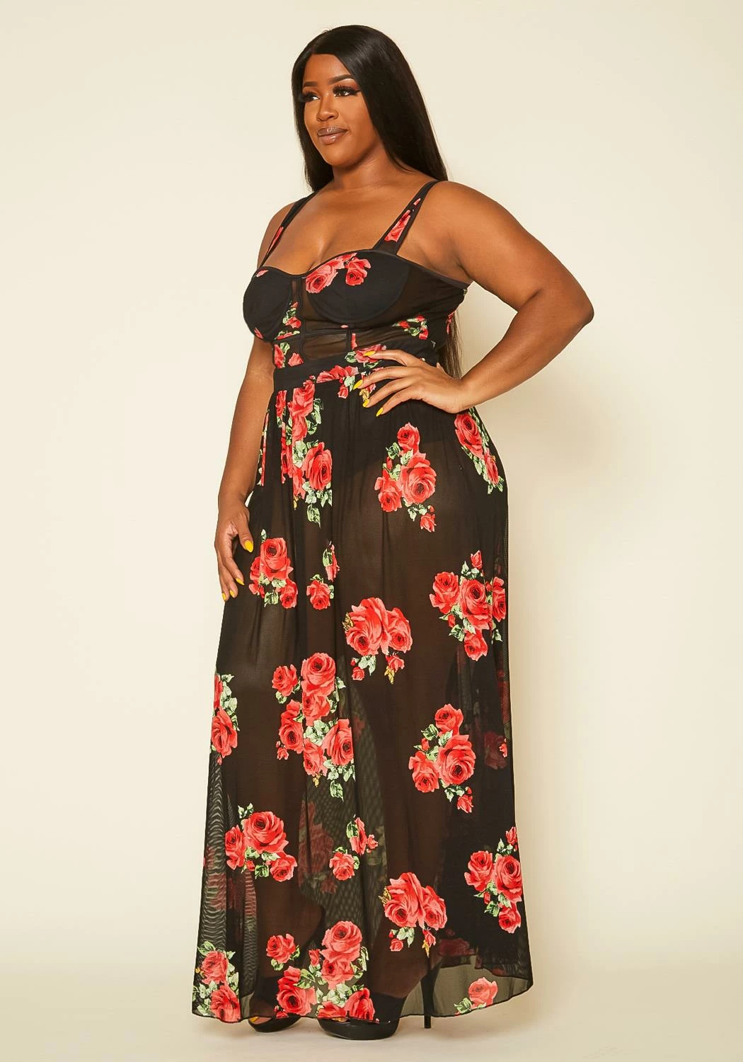 Plus Size Rose Print Sheer Maxi Dress 3 Plus Size Rose Print Sheer Maxi Dress - Image 3