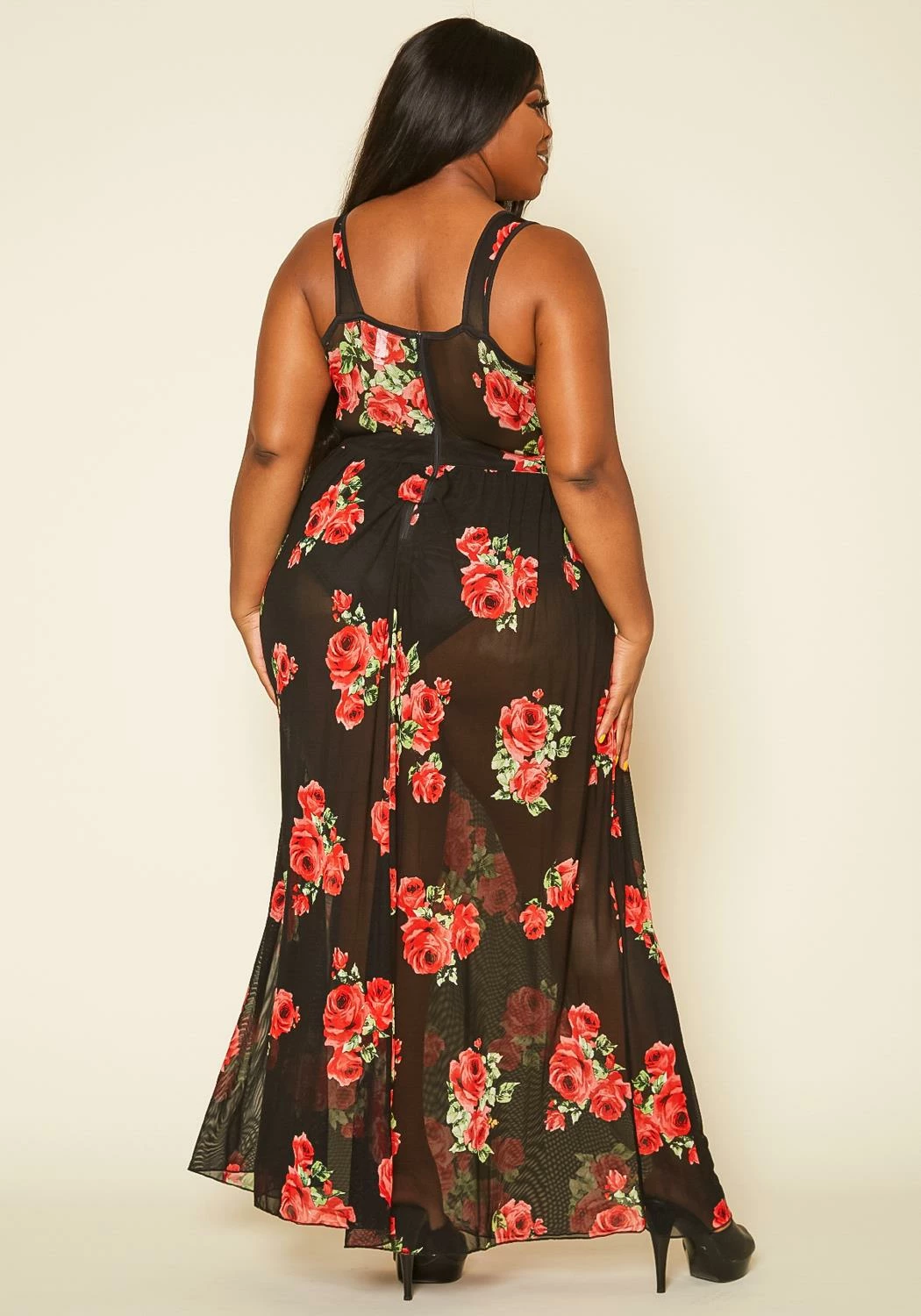 Plus Size Rose Print Sheer Maxi Dress 4 Plus Size Rose Print Sheer Maxi Dress - Image 4