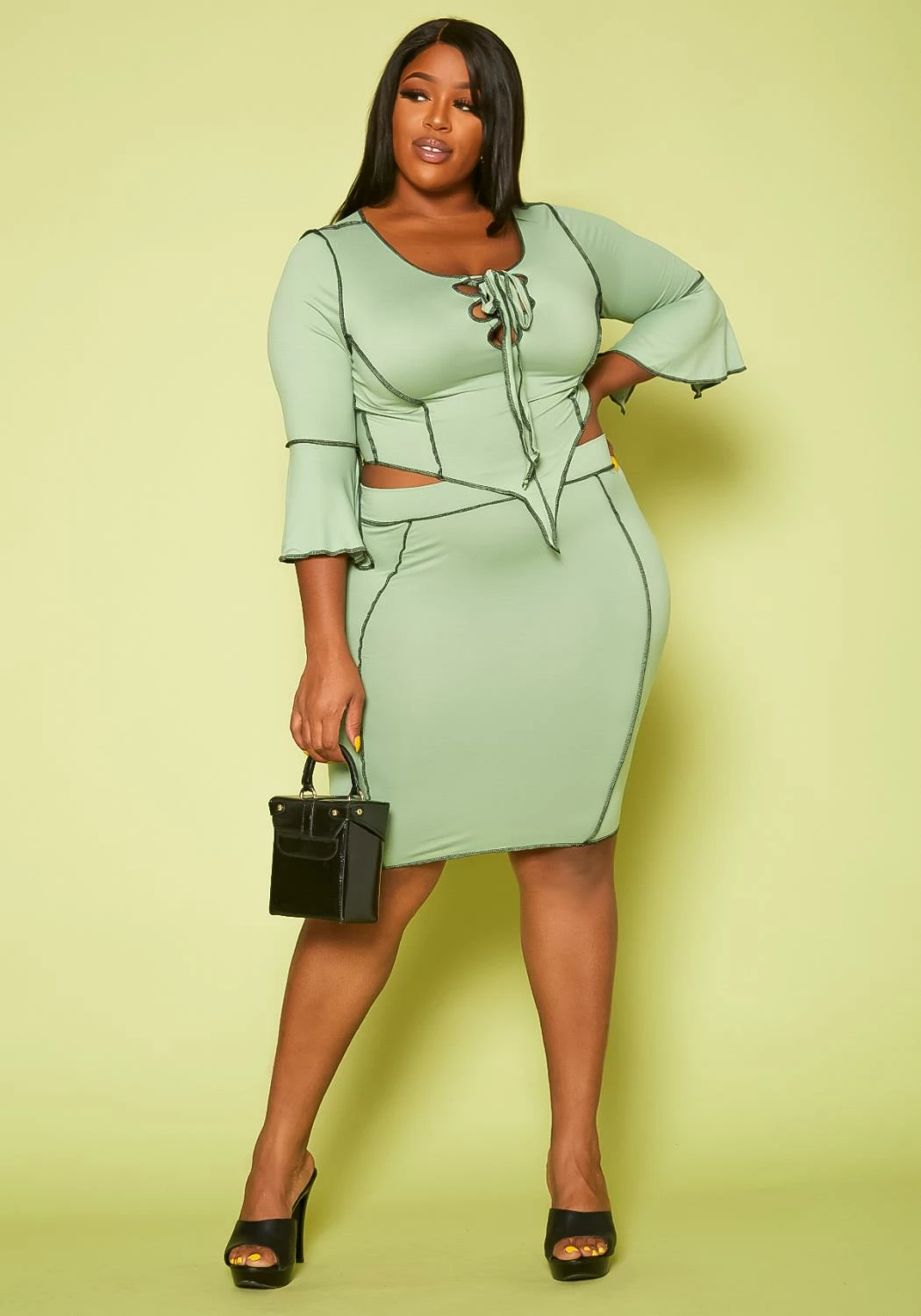 Plus Size Contrast Stitch Top & Pencil Skirt Set 1 Plus Size Contrast Stitch Top & Pencil Skirt Set