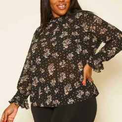 Pleione Plus Size Floral Print Mock Neck Top