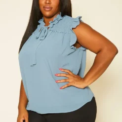 Pleione Plus Size Shirred Ruffle Sleeve Tank Top -Radiant Drape Sales 2020451 002 3