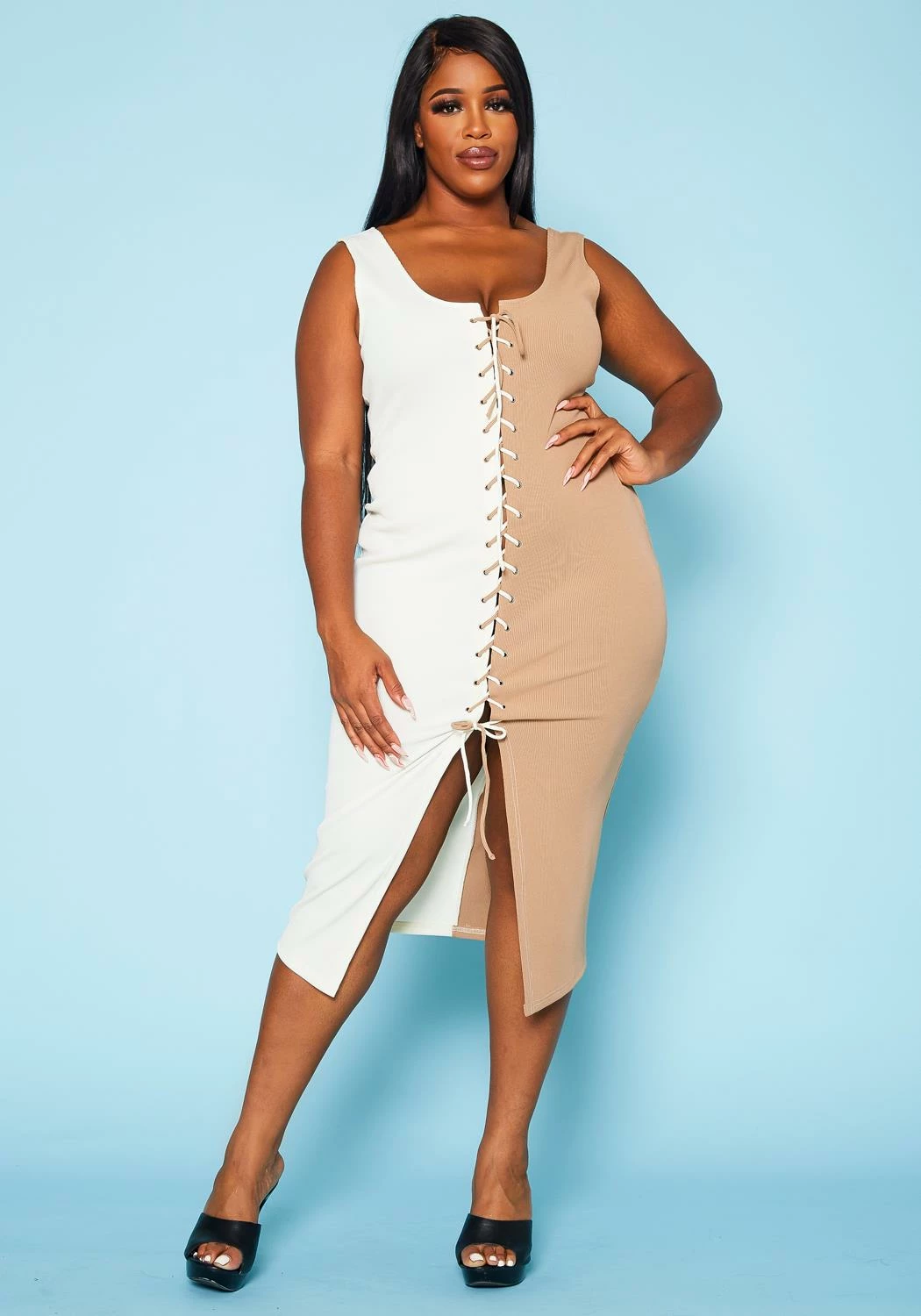 Plus Size Ribbed Two Tone Lace Up Midi Dress 1 Plus Size Ribbed Two Tone Lace Up Midi Dress