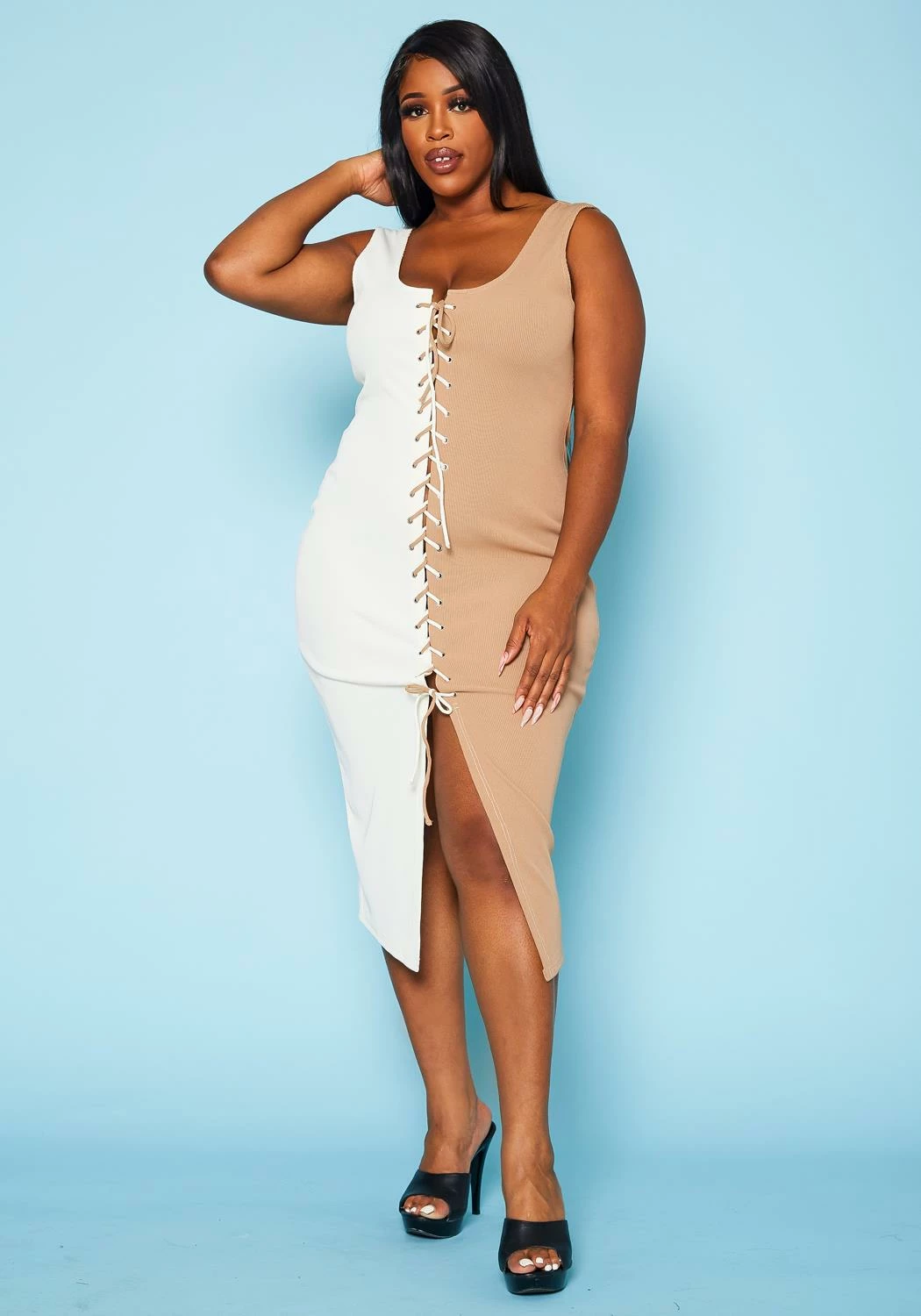 Plus Size Ribbed Two Tone Lace Up Midi Dress 2 Plus Size Ribbed Two Tone Lace Up Midi Dress - Image 2