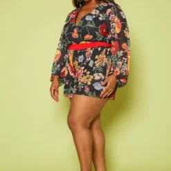 Plus Size Long Sleeve Floral Romper -Radiant Drape Sales 2020473 001 3