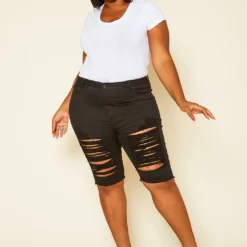 Plus Size Distressed Denim Bermuda Shorts