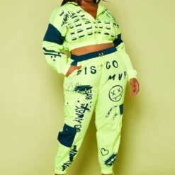 Plus Size Color Block Graphic Cropped Hoodie & Pants Set