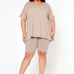 Plus Size V-Neck Tee Shirt & Biker Shorts Set