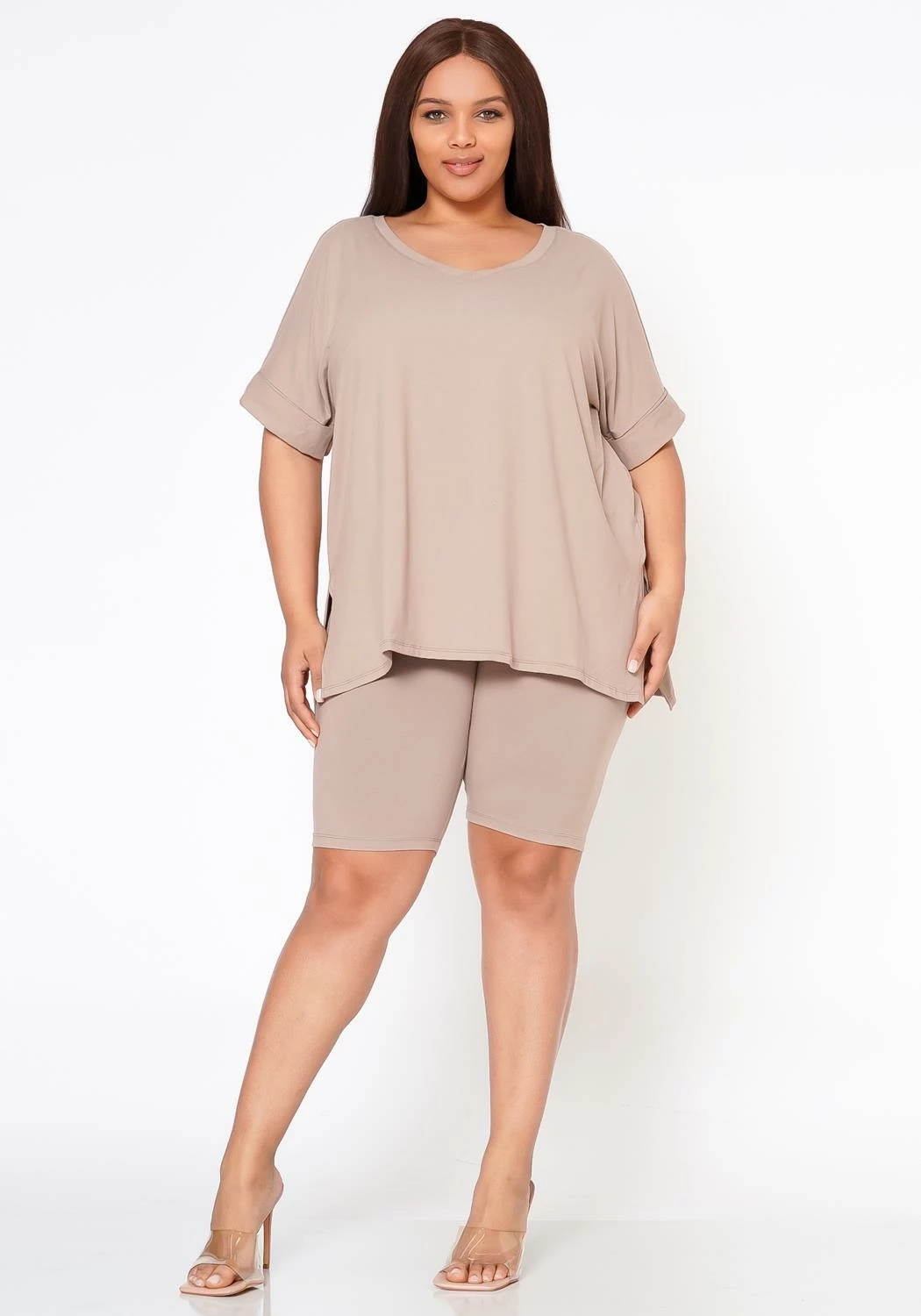 Plus Size V-Neck Tee Shirt & Biker Shorts Set 1 Plus Size V-Neck Tee Shirt & Biker Shorts Set