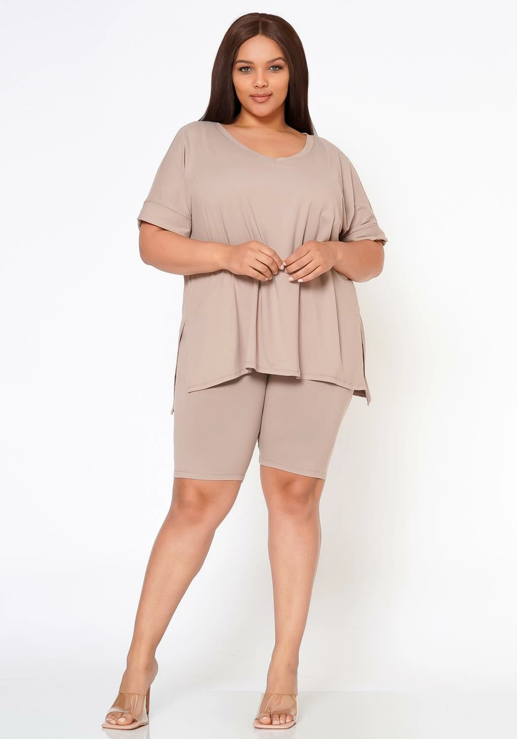 Plus Size V-Neck Tee Shirt & Biker Shorts Set 2 Plus Size V-Neck Tee Shirt & Biker Shorts Set - Image 2