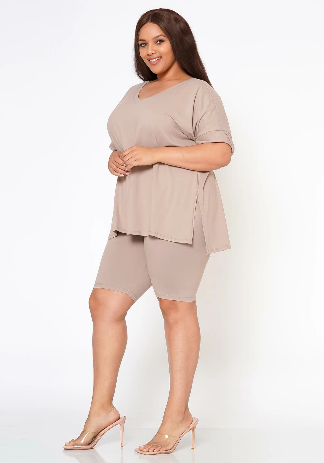 Plus Size V-Neck Tee Shirt & Biker Shorts Set 3 Plus Size V-Neck Tee Shirt & Biker Shorts Set - Image 3