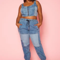 Plus Size Patch Denim Two Piece Set