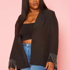 Plus Size Back Slit Fringe Blazer