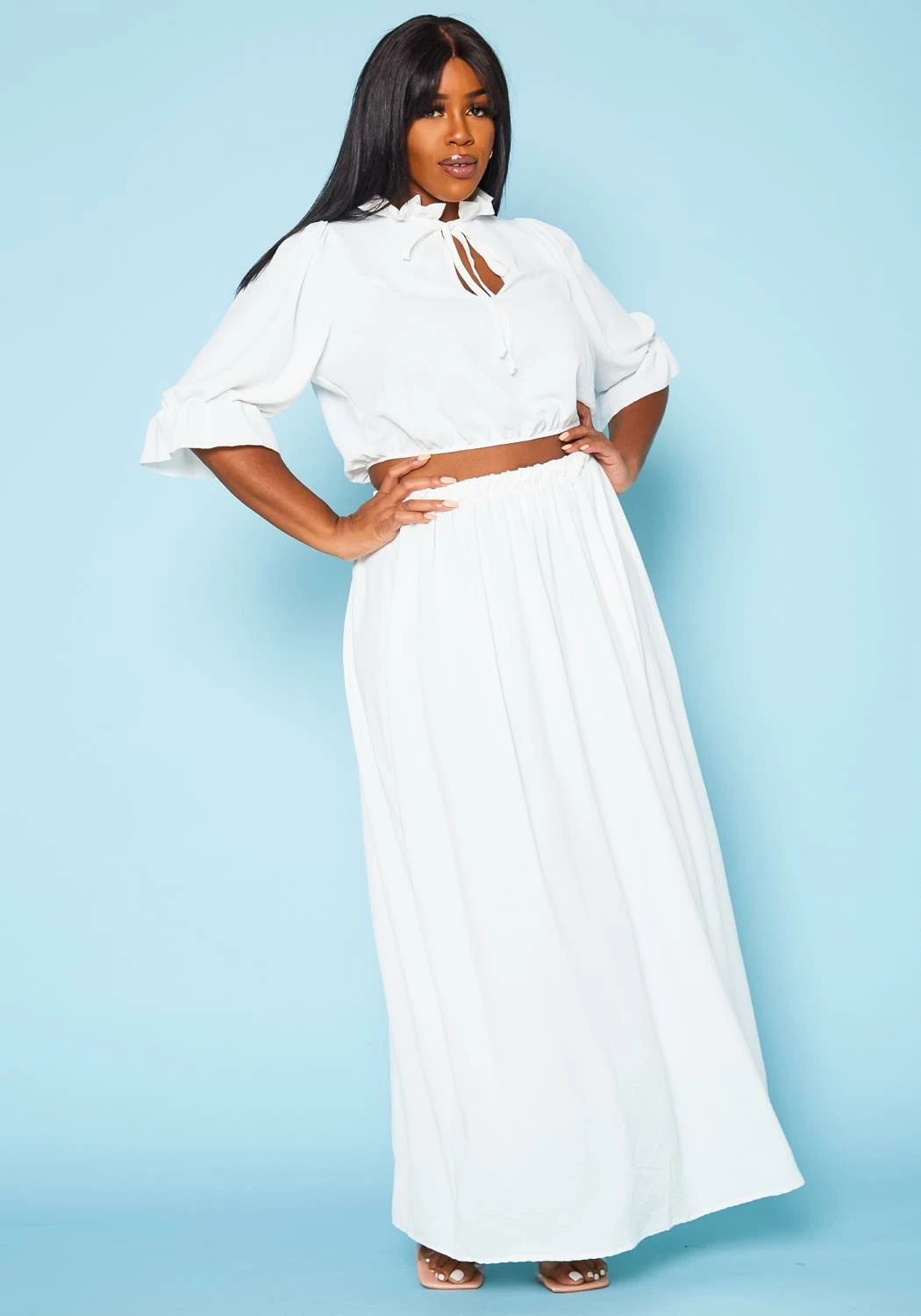 Plus Size Ruffled Mock Neck Crop Top & Maxi Skirt Set 2 Plus Size Ruffled Mock Neck Crop Top & Maxi Skirt Set - Image 2