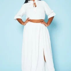 Plus Size Ruffled Mock Neck Crop Top & Maxi Skirt Set