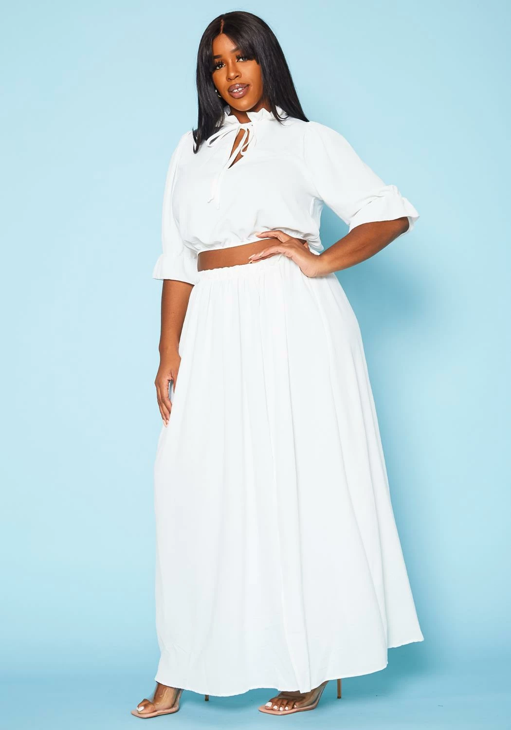 Plus Size Ruffled Mock Neck Crop Top & Maxi Skirt Set 3 Plus Size Ruffled Mock Neck Crop Top & Maxi Skirt Set - Image 3
