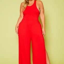 Plus Size Halter Top Wide Leg Slit Jumpsuit