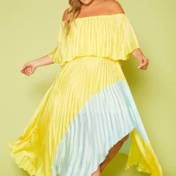 Plus Size Two Tone Pleated Asymmetrical Maxi Dress