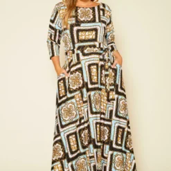 Plus Size Damask Print Fit & Flare Maxi Dress
