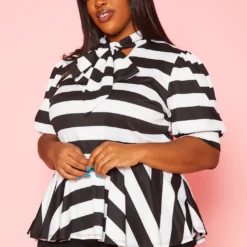 Plus Size Striped Bow Collar Peplum Top 7 Plus Size Striped Bow Collar Peplum Top -Radiant Drape Sales 2020661 001 3