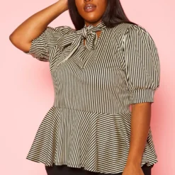 Plus Size Puff Shoulder Sleeve Peplum Blouse
