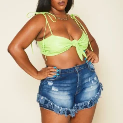 Plus Size Fray Hem Blue Denim Fitted Shorts