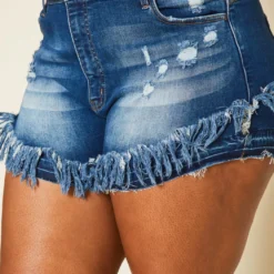 Plus Size Fray Hem Blue Denim Fitted Shorts 9 Plus Size Fray Hem Blue Denim Fitted Shorts -Radiant Drape Sales 2020675 001 4