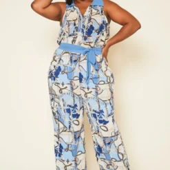 Plus Size Multi Print Collar Jumpsuit