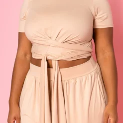 Plus Size Tie Front Crop Top & Wide Flare Pants Set -Radiant Drape Sales 2020689 003 4