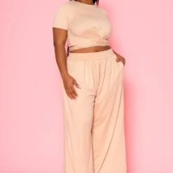 Plus Size Tie Front Crop Top & Wide Flare Pants Set -Radiant Drape Sales 2020689 003 5