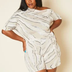 Plus Size Abstract Print Cold Shoulder Romper