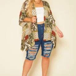 Plus Size Paisley Block Print Duster Cardigan