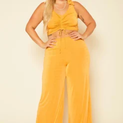 Plus Size Open Collar Crop Top & Flare Pants Set